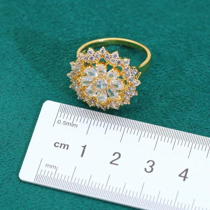 Белый Циркон Золотой Цвет Ювелирные Наборы для Женщин Свадебный Браслет Серьги Ожерелье Подвеска Кольцо Праздничный Подарок