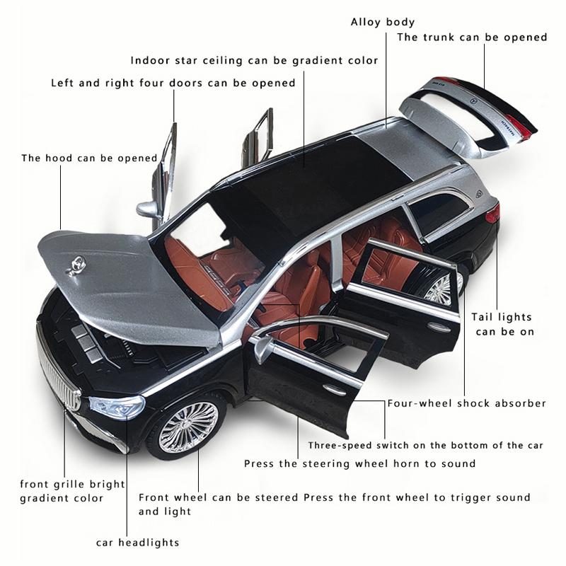 Масштаб 1/24 Maybach GLS-Class GLS600, литая под давлением модель автомобиля, игрушечный автомобиль с откатным механизмом, звуком и светом для детей, коллекция подарков для мальчиков и девочек