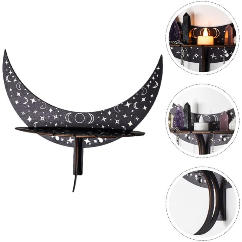 3 Colors Wall Mounted Moon Candle Holder Display Crystal Hanging Placement Shelf Wooden Decoration Candlestick Bohemian Decor