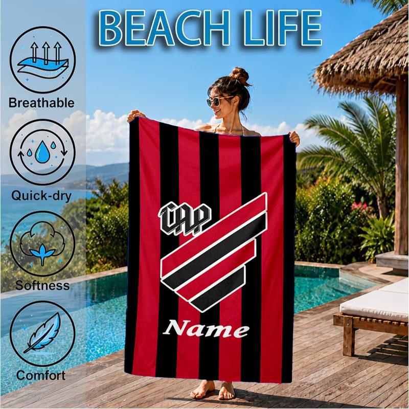 Custom Name Beach Towel Black Stripes Athletico Crest Microfiber Beach Towel, Lightweight for Summer Travel, Swimming Pool Fan Birthday Gift