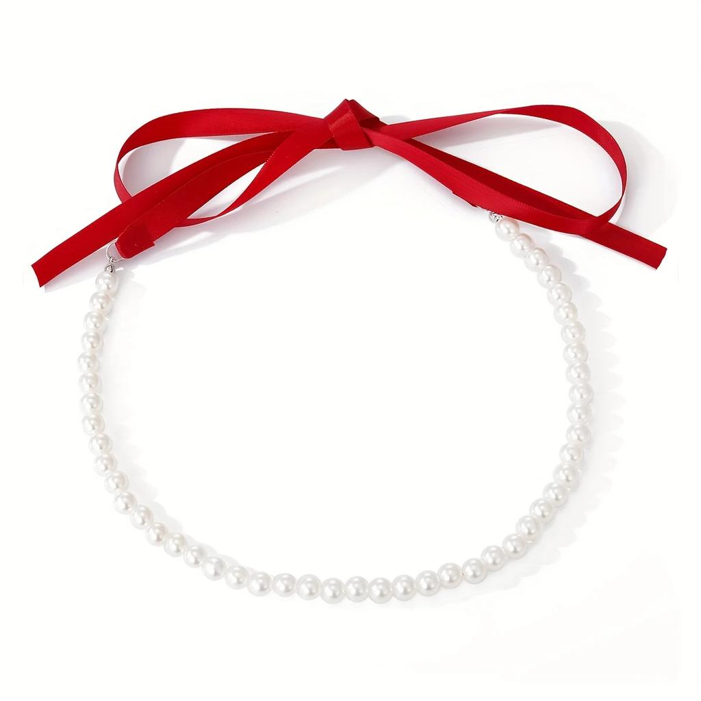 Винтажное длинное колье-цепочка с лентой-бантом на ключицу, бархатное колье на шнуровке с искусственным жемчугом