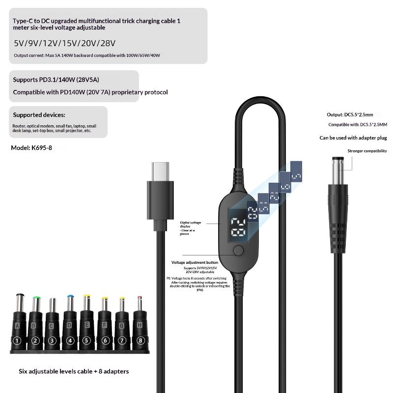140W Type C to DC Charging Cable Set Wide Voltage Compatible Fast Charging Cord for Laptops Routers Small Office Electronics