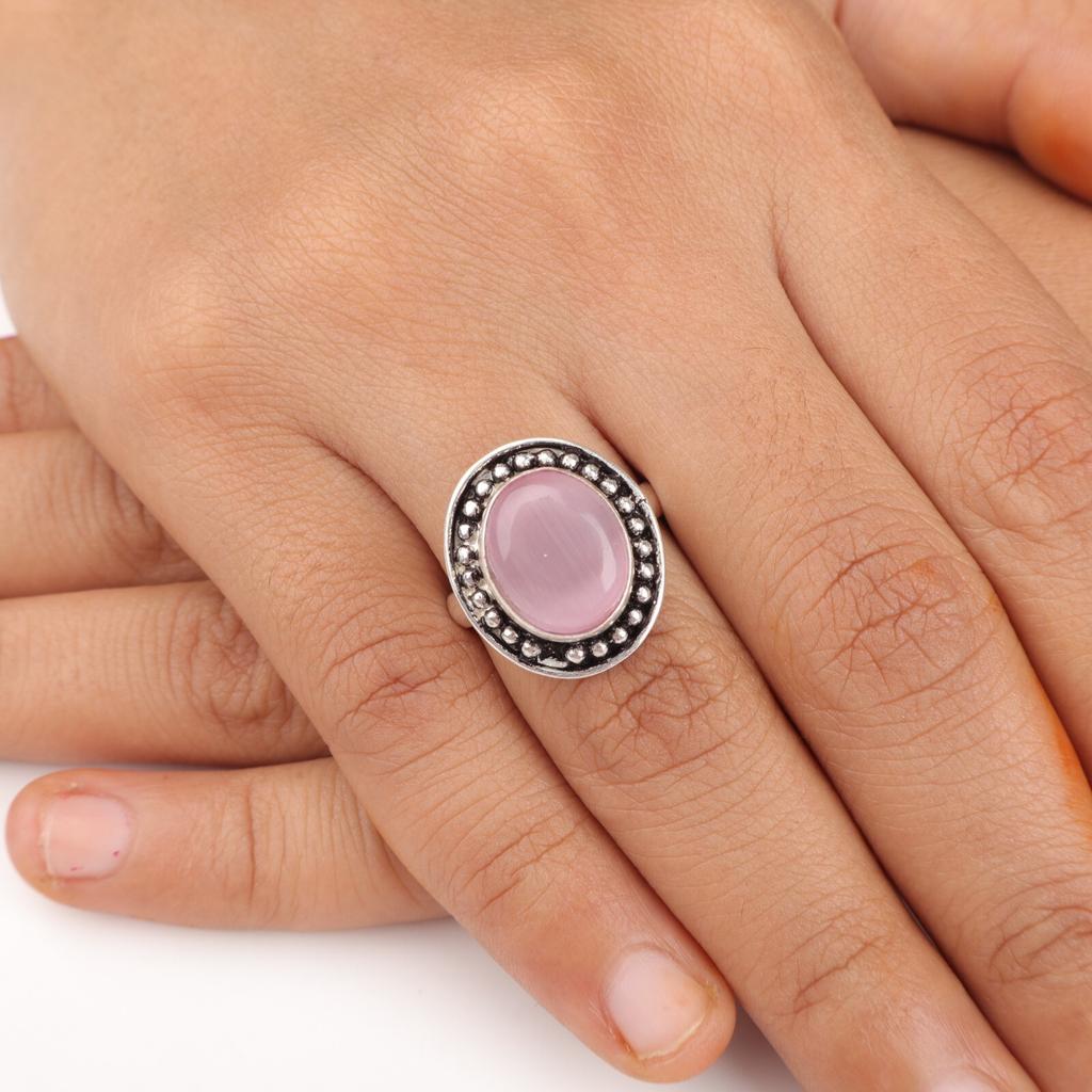 Pink Cat's Eye Gemstone 925 Sterling Silver Jewelry Handmade Anniversary Ring RR-62-40