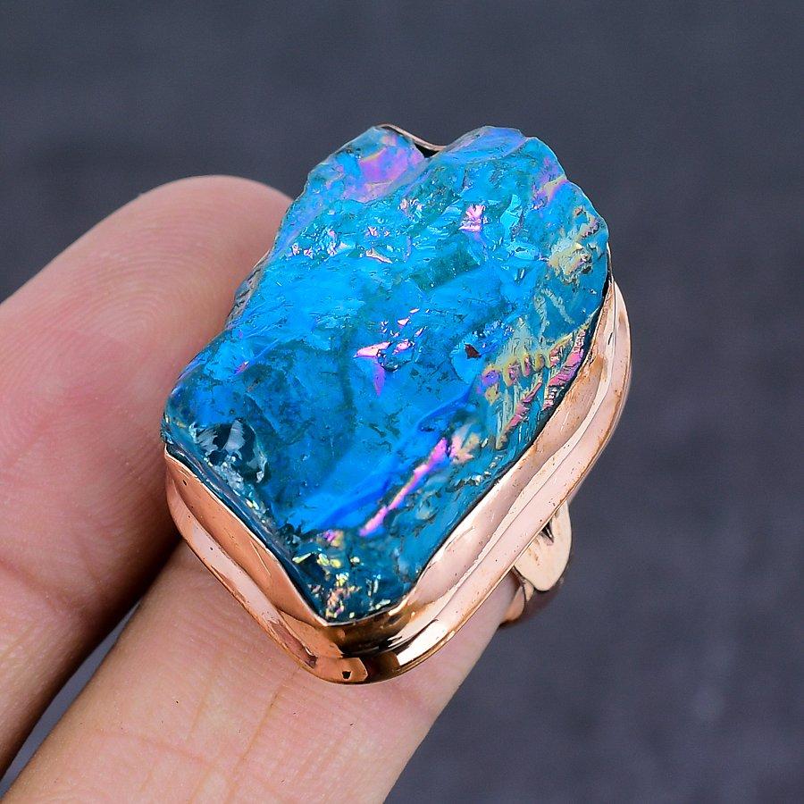 Кольцо из натурального павлина с титановым аурой, драгоценным камнем, ручной работы, из меди, размер 8 s8G02