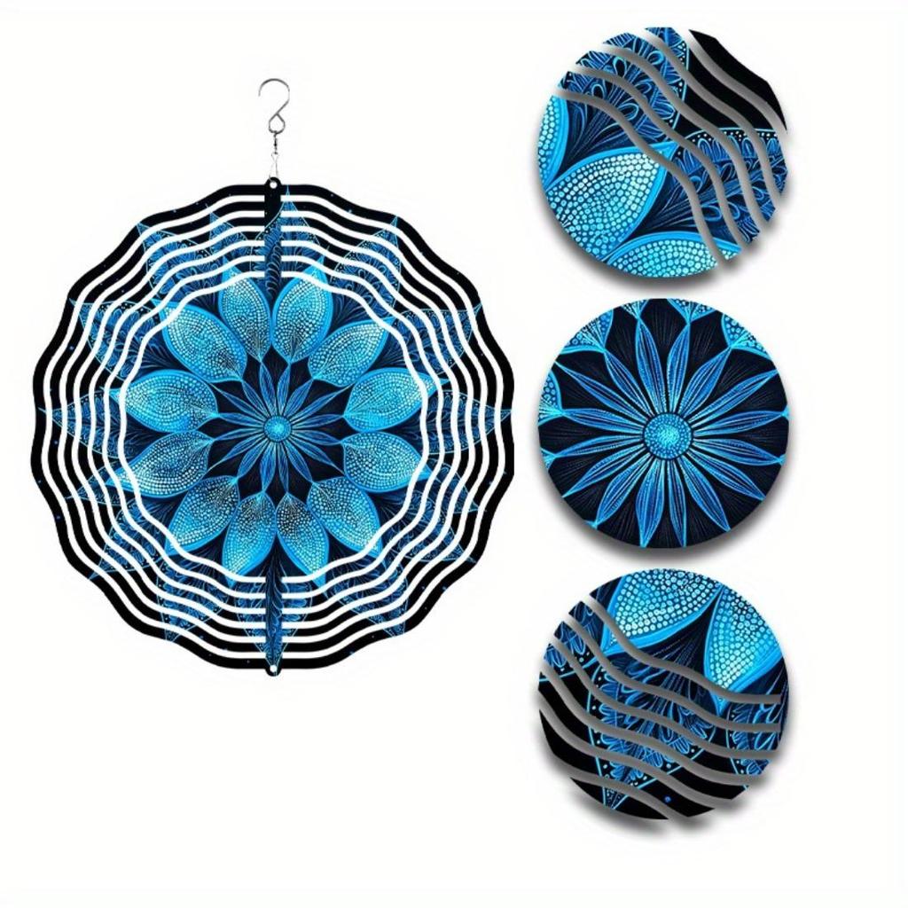 25,4 см Металлический Колокольчик Ветра Мандала Цветок - Прочный Подвесной Спиннер с Сине-Золотым Дизайном для Декора Сада и Патио в Помещении/На Открытом Воздухе