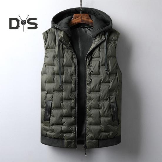 Men Cotton Vest with Removable Hood Drawstring Decoration Sleeveless Waistcoat Solid Color Zipper Placket Vest Coat