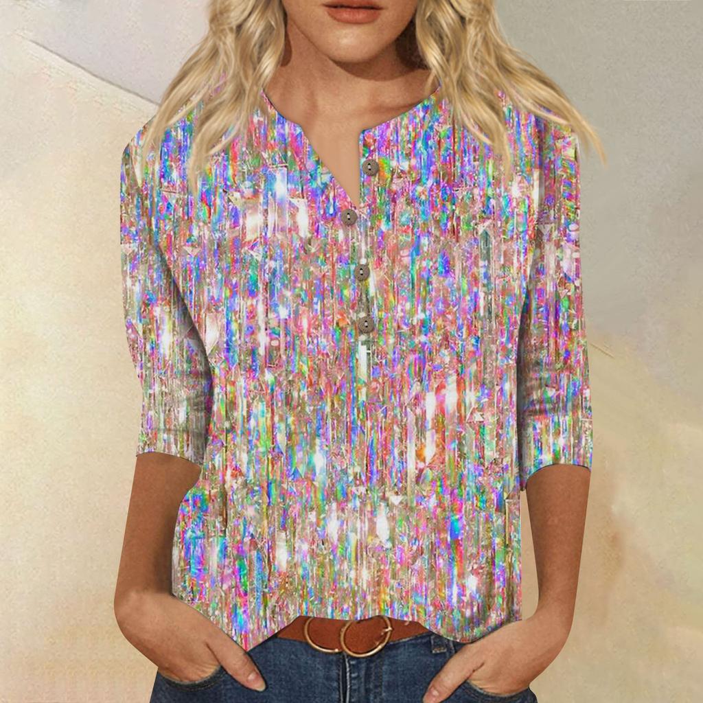 Женская мода с блестками и принтом с семью точками, рукавами и круглым вырезом, на пуговицах, топ