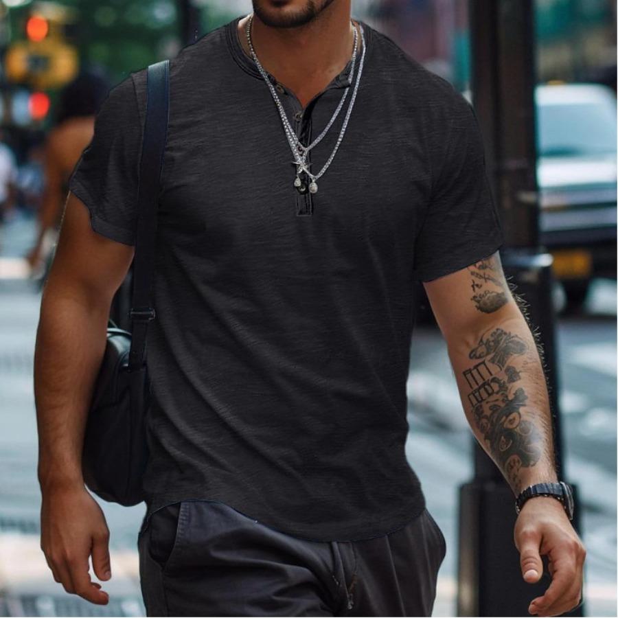 Летняя белая черная футболка, мужские топы, однотонная спортивная рубашка поло на пуговицах с воротником-хенли