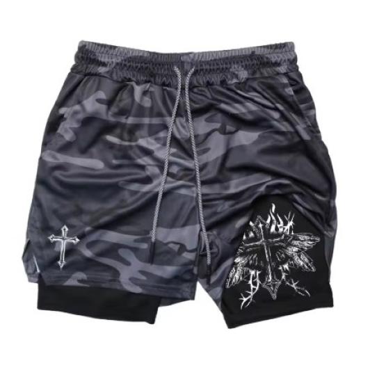 Muay Thai Kick Boxing MMA Shorts Cross Christian Camouflage God Men Women Unisex Double Layer Quick Dry Breathable Sport Gym Fitness Workout
