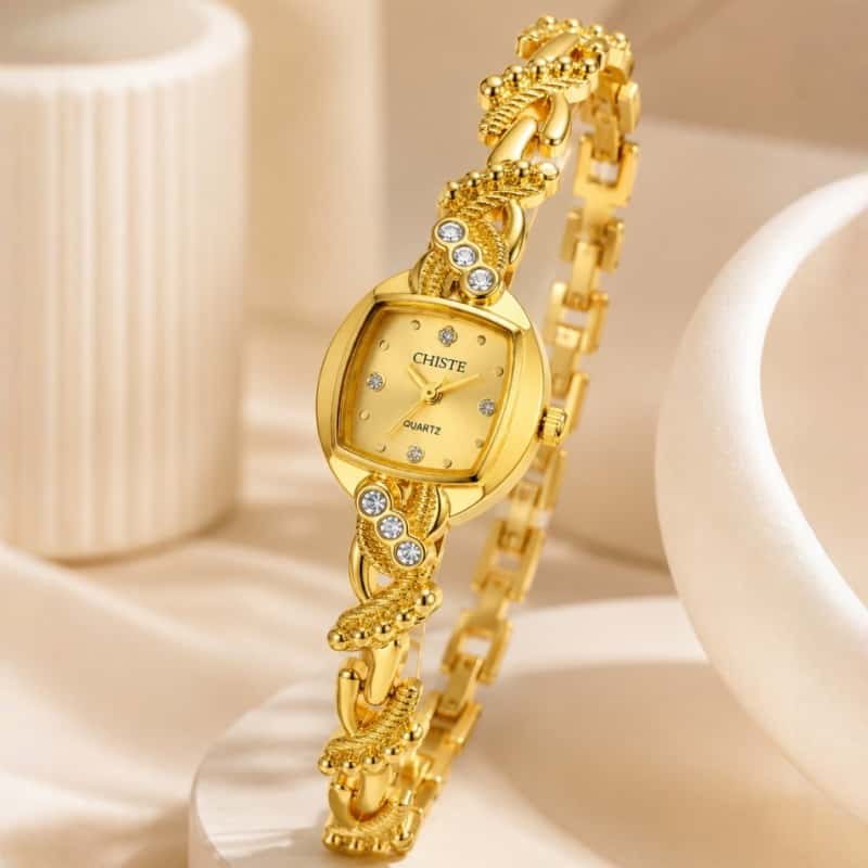 Luxury Golden Women Quartz Watch Fashion Rhinestone Dial Unique Twisted Link Bracelet Watch Elegant Thin Ladies Wrist Clock Gift