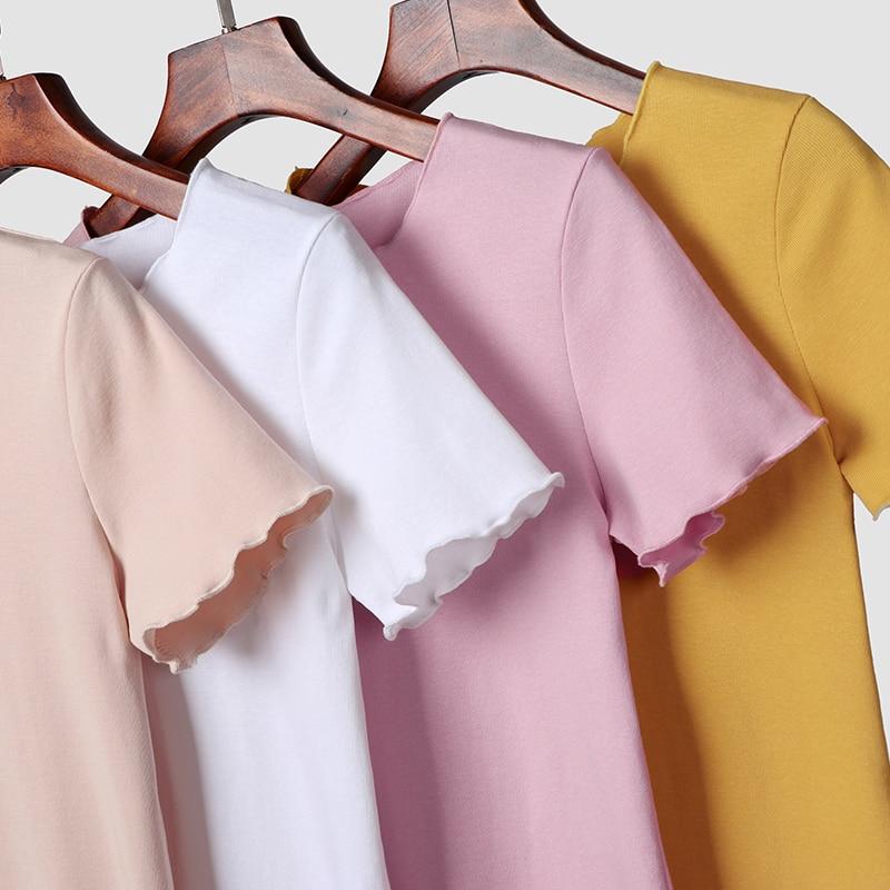 Летняя футболка с оборками, женские хлопковые повседневные однотонные топы с короткими рукавами, футболки