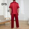 2Pcs/Set Silk Satin Men Pajama Set Notch Collar Button Down Pajama Top with Chest Pocket Elastic Waist Bottoms Set Sleepwear