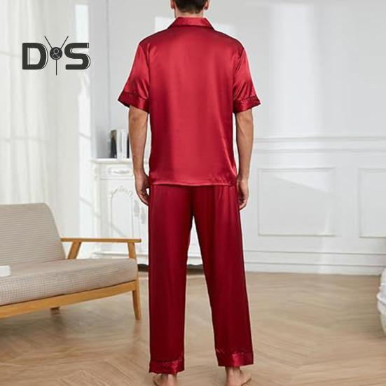 2 шт./компл. шелковый атласный мужской пижамный комплект с воротником-стойкой на пуговицах, верх пижамы с нагрудным карманом, эластичный пояс, комплект одежды для сна
