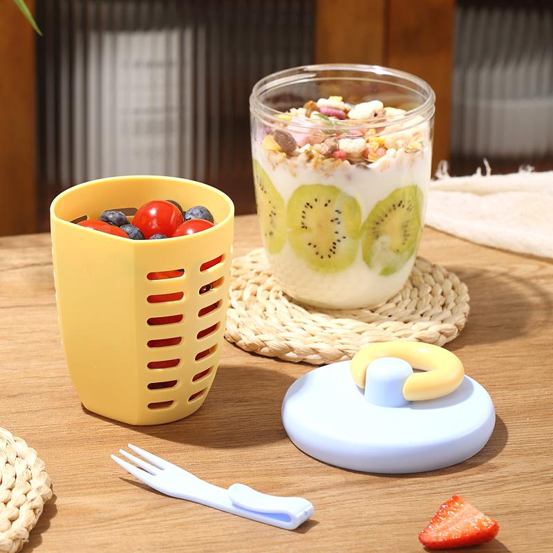 Portable Fruit Cup for Office Workers, High-looking Salad Cup with Fork and Spoon, Double-layer Drainage for Picnics