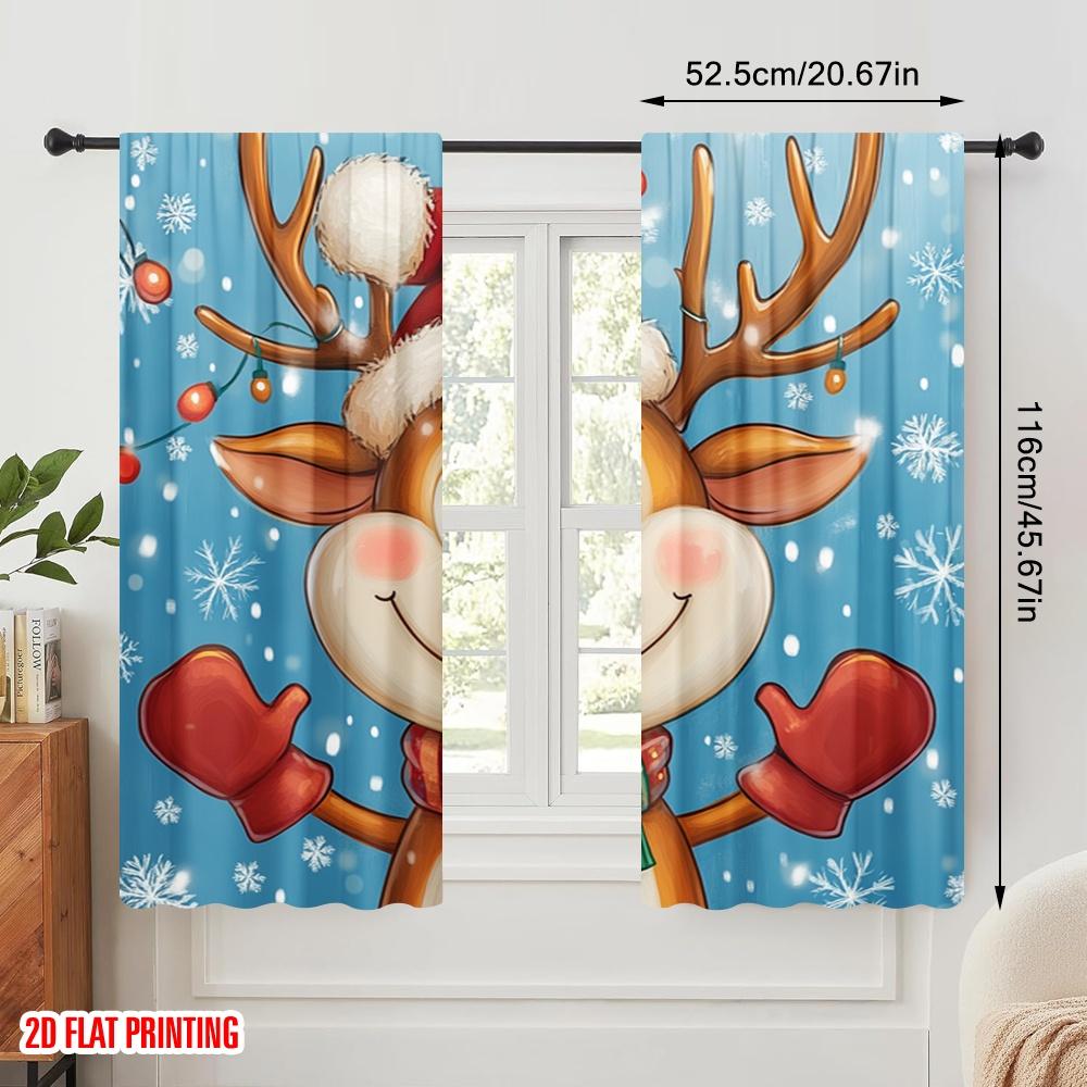 2pcs,2D plane printing Curtains&Window Treatment Cute Reindeer Christmas Versatile 100% Polyester (without rod) Outdoor