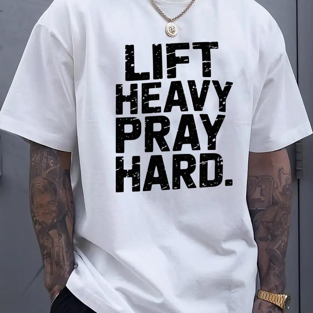 Графическая футболка 'Lift Heavy Pray Hard' Мужская хлопковая футболка с коротким рукавом для спортзала, тренировок, фитнеса и повседневной носки