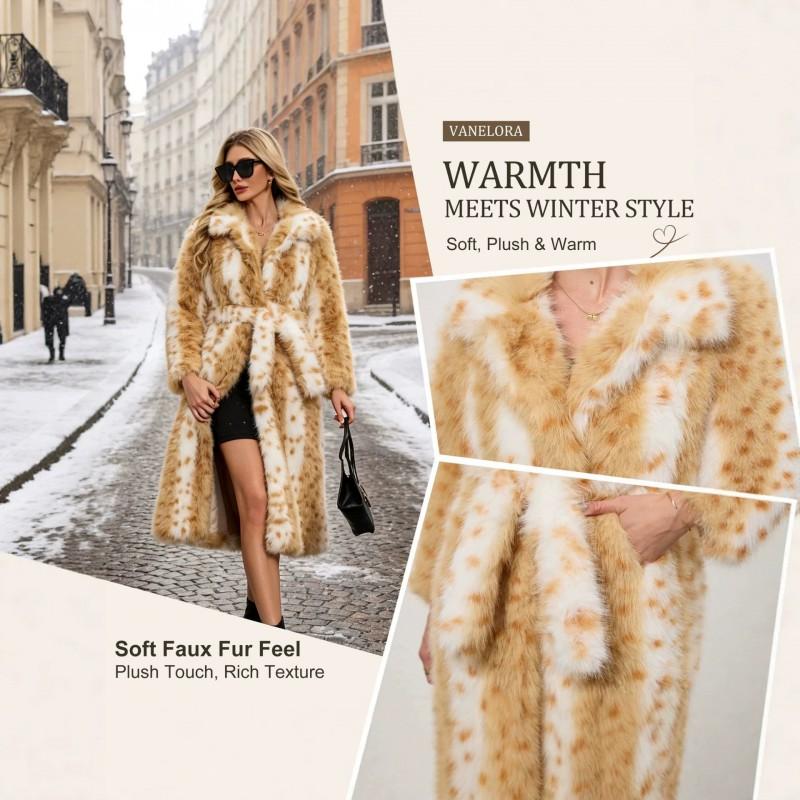 Womens Faux Fur Coat Winter Thick Warm Leopard Print Lapel Longline Fluffy Jacket