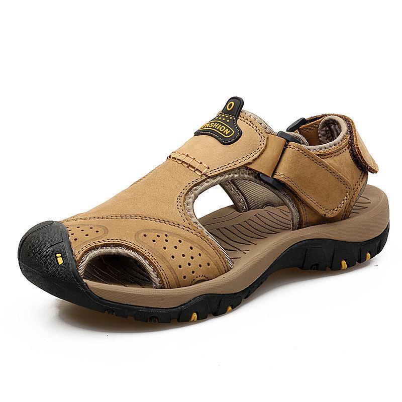Spot Summer Men's Shoes Sandals Beach Shoes Foot Cover Leather Cowhide Surface Large Size Outdoor Leisure Anti-collision Bag Head