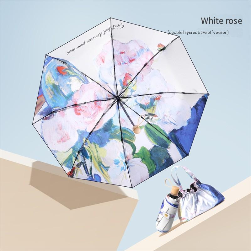 50% Fold 8-bone Double-layer Vinyl Double-flower Sun Umbrella Female Illustration Hand-painted Style Small and Convenient Sun Pr