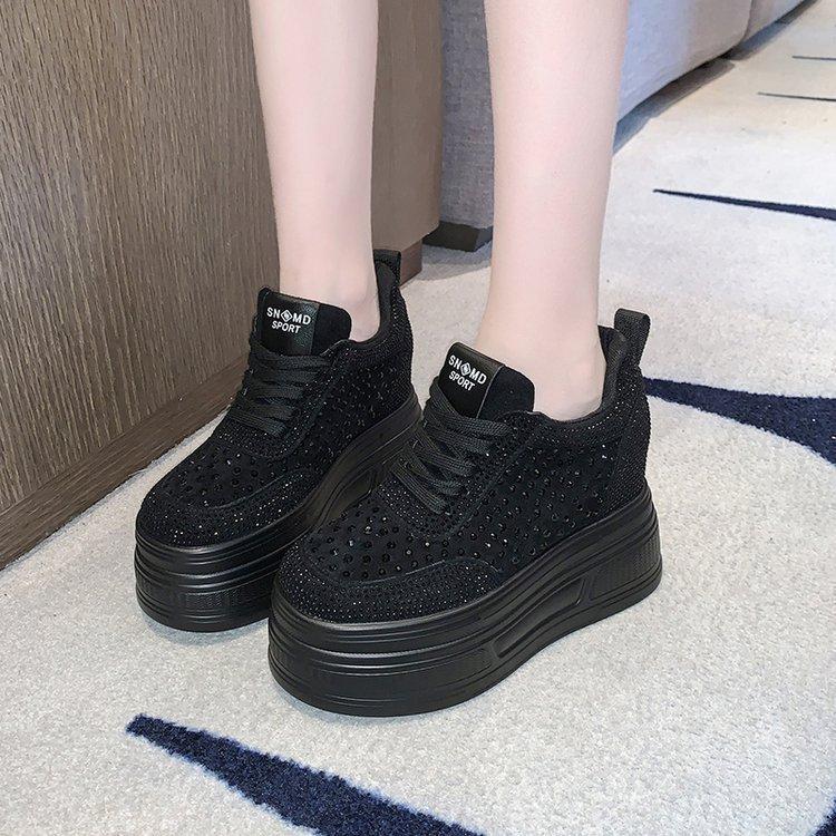 New Summer Leather Korean Version of Sports and Leisure Inner Height-increasing Rhinestones Glittering Mesh Breathable and Lightweight Dad Shoes Wo