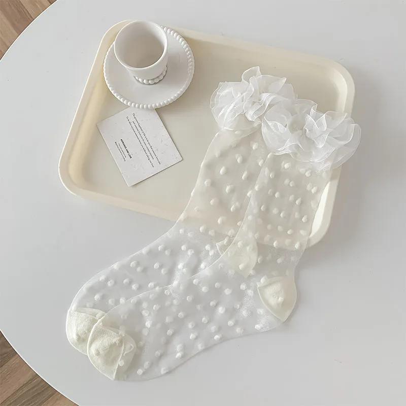 Носки из шёлка с кристаллами и принтом в виде сердца, милые носки для девочек в стиле кавайи с оборками, женские летние ультратонкие прозрачные эластичные длинные носки в горошек