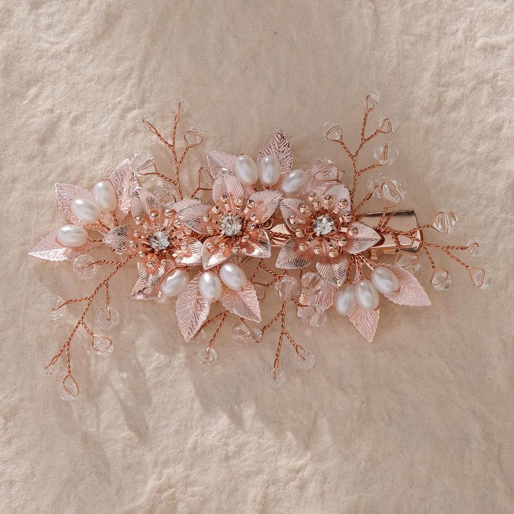 Сделанный вручную свадебный гребень для волос с цветком из жемчуга и страз и листьями