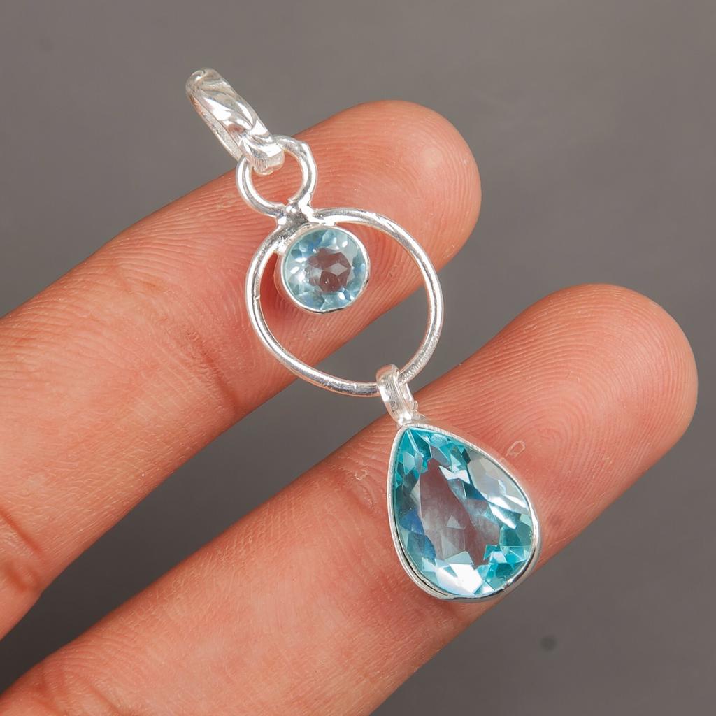 Sky Blue Topaz Gemstone 925 Sterling Silver Jewelry Handmade Pendant 1.80" Gift PP-10-9