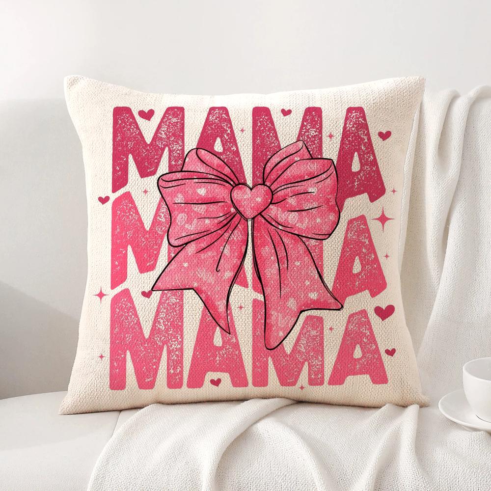 Leopard print with bow mama Cushion Cover Natural Linen Organic Fabric DoubleSided Printing Sofa Home Decor Gift Pillow Cover