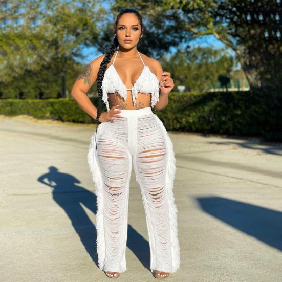 Женский укороченный топ и брюки из 2 шт./компл., комплект с бретелькой на шее и шнуровкой, пляжный бюстгальтер для отпуска, высокий