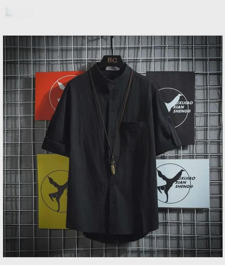 Мужская рубашка больших размеров в японском стиле с воротником-стойкой и короткими рукавами, однотонная