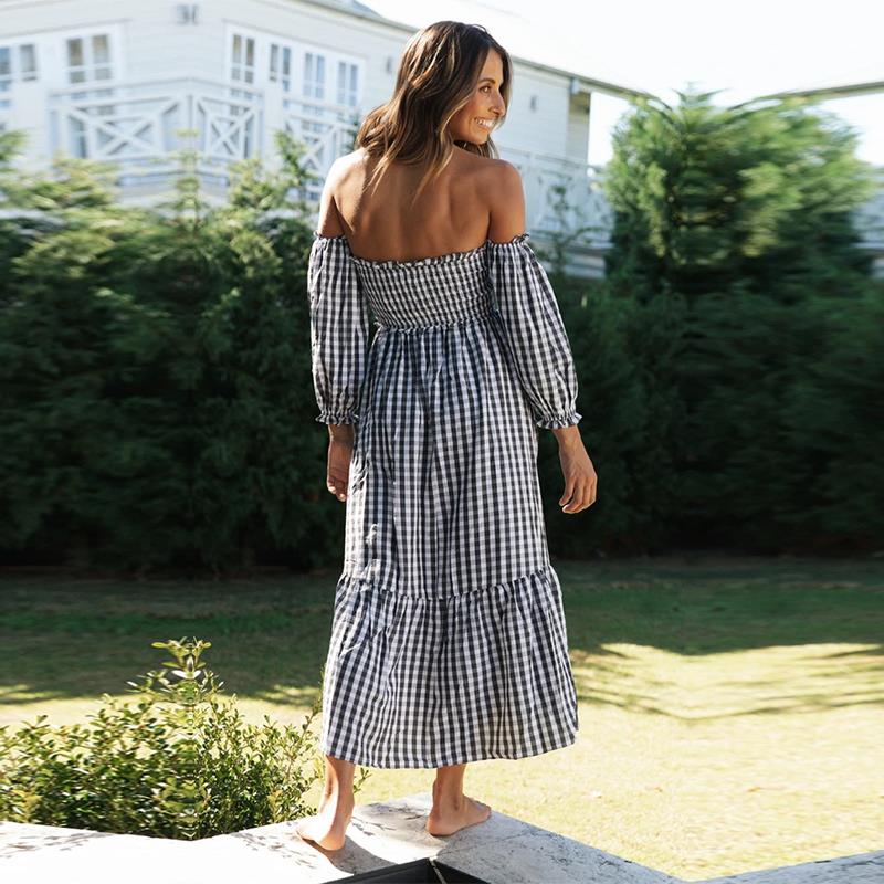 Женское летнее черно-белое длинное платье в клетку, сексуальное платье с пышными рукавами и воротником-стойкой без бретелек с высокой талией, S-XL