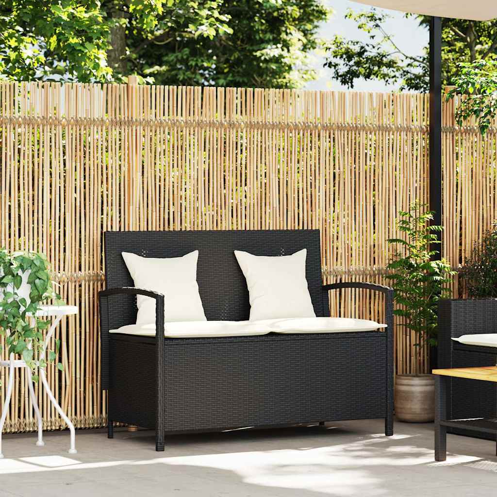 Garden Bench with Storage Space and Cushions Black Poly Rattan