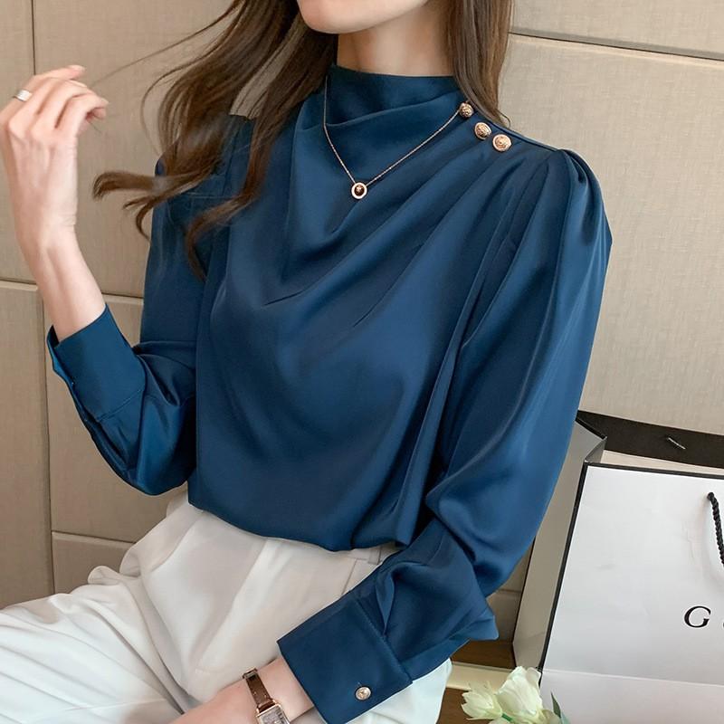 Womens Chiffon Blouse With Puffed Sleeves Office Wear Elegant Round Neck Long Sleeve Top