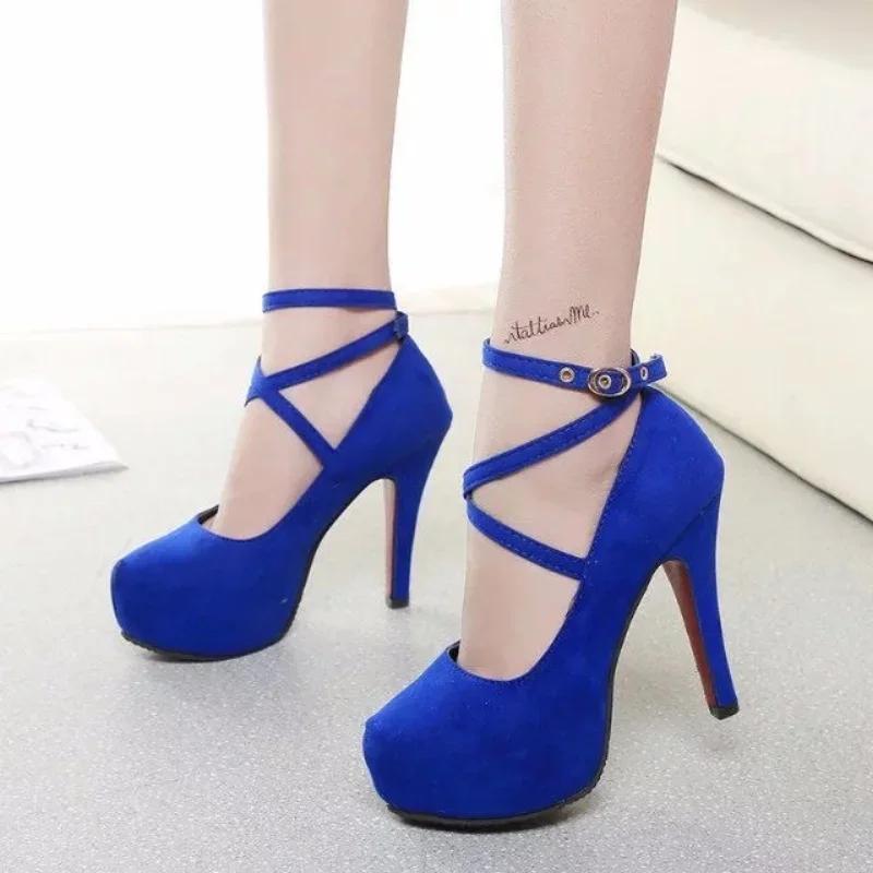 12CM High Heels Women New Round Toe Platform Women's Pumps Buckle Strap Sexy Stiletto High Women Shoes Zapatos De Mujer