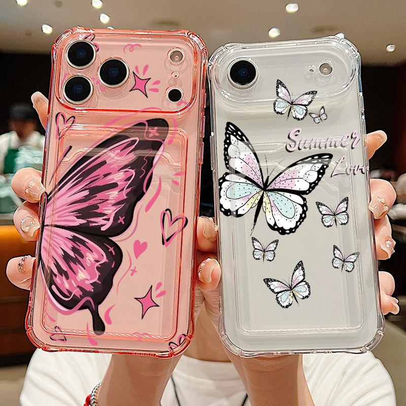 Clear Card Slot Phone Case For iPhone 17 18 Pro Max Butterfly Print Card Holder Cover For iPhone 16 15 14 13 Pro Max 17E