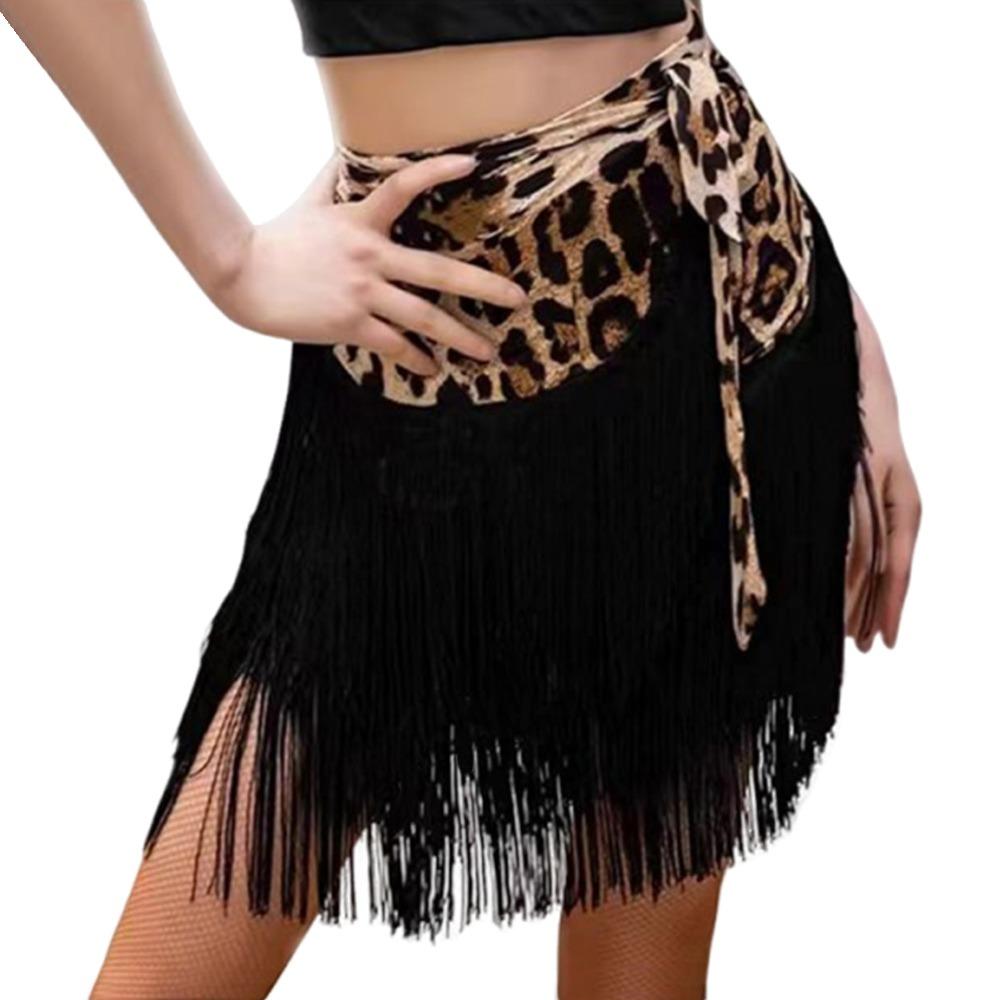 Tassel Latin Dance Skirt Leopard Print Rumba Dance Skirt Fashion Performance Costume  for Women