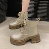 2024 Sequin Diamond Короткие сапоги Женские Осенне-Зимние Британские Модные Сапоги На Высоком Толстом Каблуке Ботинки На Шнуровке Повседневная Обувь Для Вечеринок На Открытом Воздухе