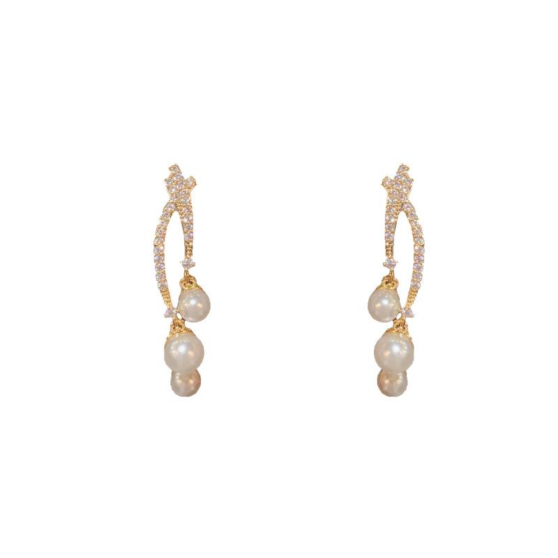 Zircon Cross Line Imitation Pearl Fringed Earrings Light Luxury Niche High-end Stud Earrings Temperament Celebrity Versatile Earrings