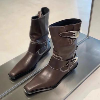 Дизайнерская пряжка Женские короткие ботильоны Обувь Осень Зима Женские слипоны Модные остроносые Женские ботильоны Вестерн