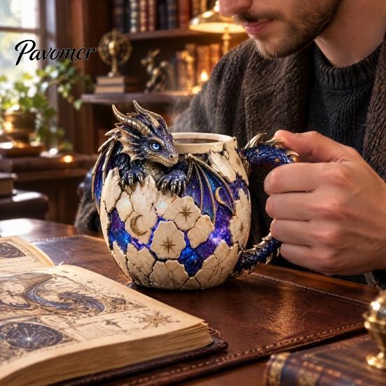 Detailed Baby Dragon Sculpture Fantasy Egg Mug, Stainless Steel Liner 3D Relief Handcrafted Magical Tea Mug Coffee Cup, Realistic Resin Desktop