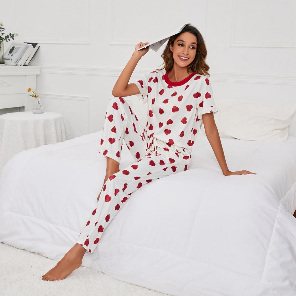 Плюс Размер Женская Летняя Любовь Принтованная Круглая Горловина Футболка Повседневный Домашний Комплект Одежды