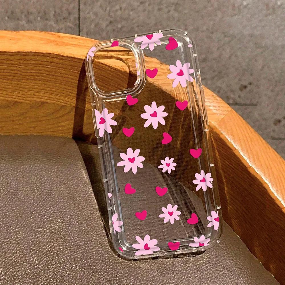 Pink Flowers Heart Print Clear Phone Case For iPhone 16 Cases iPhone 15 14 13 12 11 Pro Max 16E XS X XR 7 8 Plus 16 Soft Cover