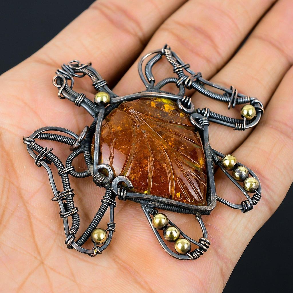 Резной балтийский янтарь в форме черепахи, драгоценный камень, медная проволока, подвеска ручной работы, ювелирный подарок