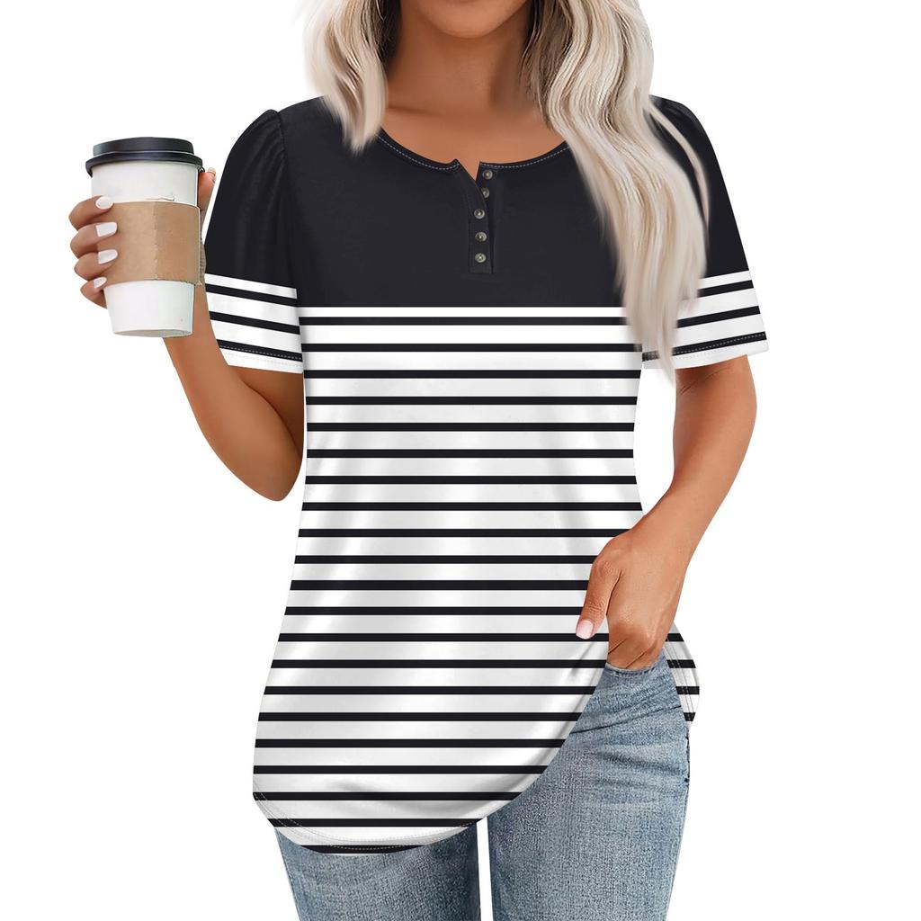 Женский модный повседневный короткий рукав пуловер с принтом на пуговицах и круглым вырезом