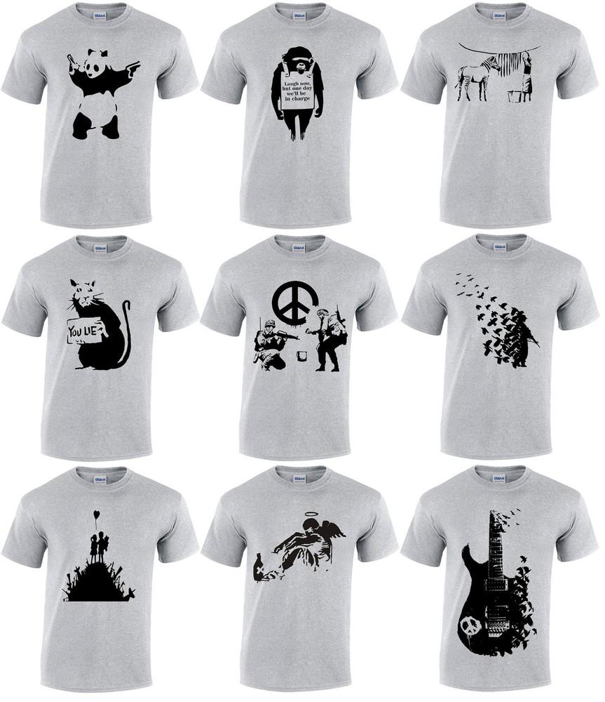 BANKSY Girl Balloon Peace Flower Panda Monkey Soldier Guitar Zebra Gray T-shirt