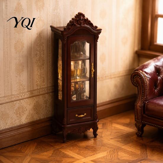 1/12 Scale Doll Mansion Furniture Miniature Curio Cabinet, Mini Wine Wooden Tiny Display Cabinet with Diorama Decoration Pieces Drawer, Vintage
