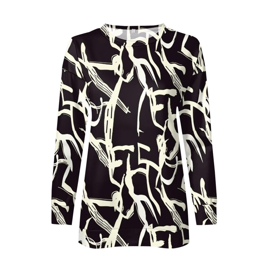 Women's Round Neck Tops Cotton Women's Casual Fashion Print Long Sleeve O-Neck Pullover Top Blouse