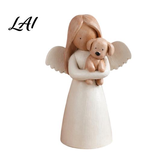 Nordic Style Angel Figurine Holding Puppy Figurine Cute Dog Resin Statue for Home Cozy Atmosphere Desktop Ornaments Desk Decor Handcrafted
