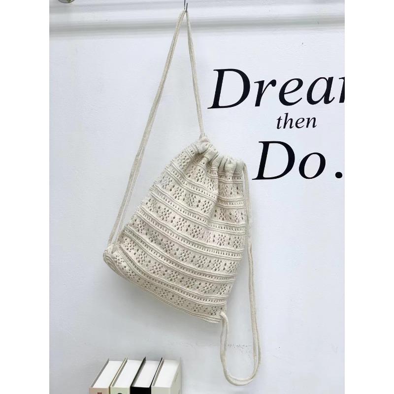 New Casual Knitted Hollow Backpack Large Capacity Solid Color Backpack Fashionable Girl Bucket Bag