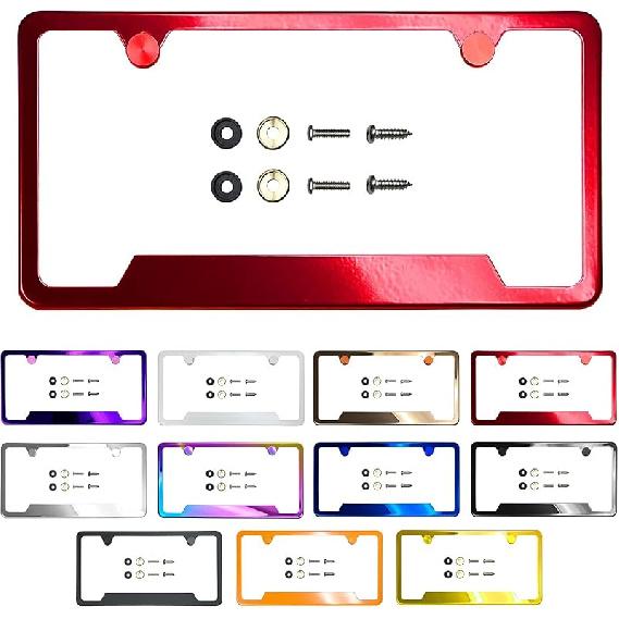 Рамка номерного знака с вырезом в нижнем углу, зеркальная хромированная электрогальваническая обработка цвета розового золота, универсальная посадка, алюминиевая накладка-крышка на винтах, нержавеющая сталь T304